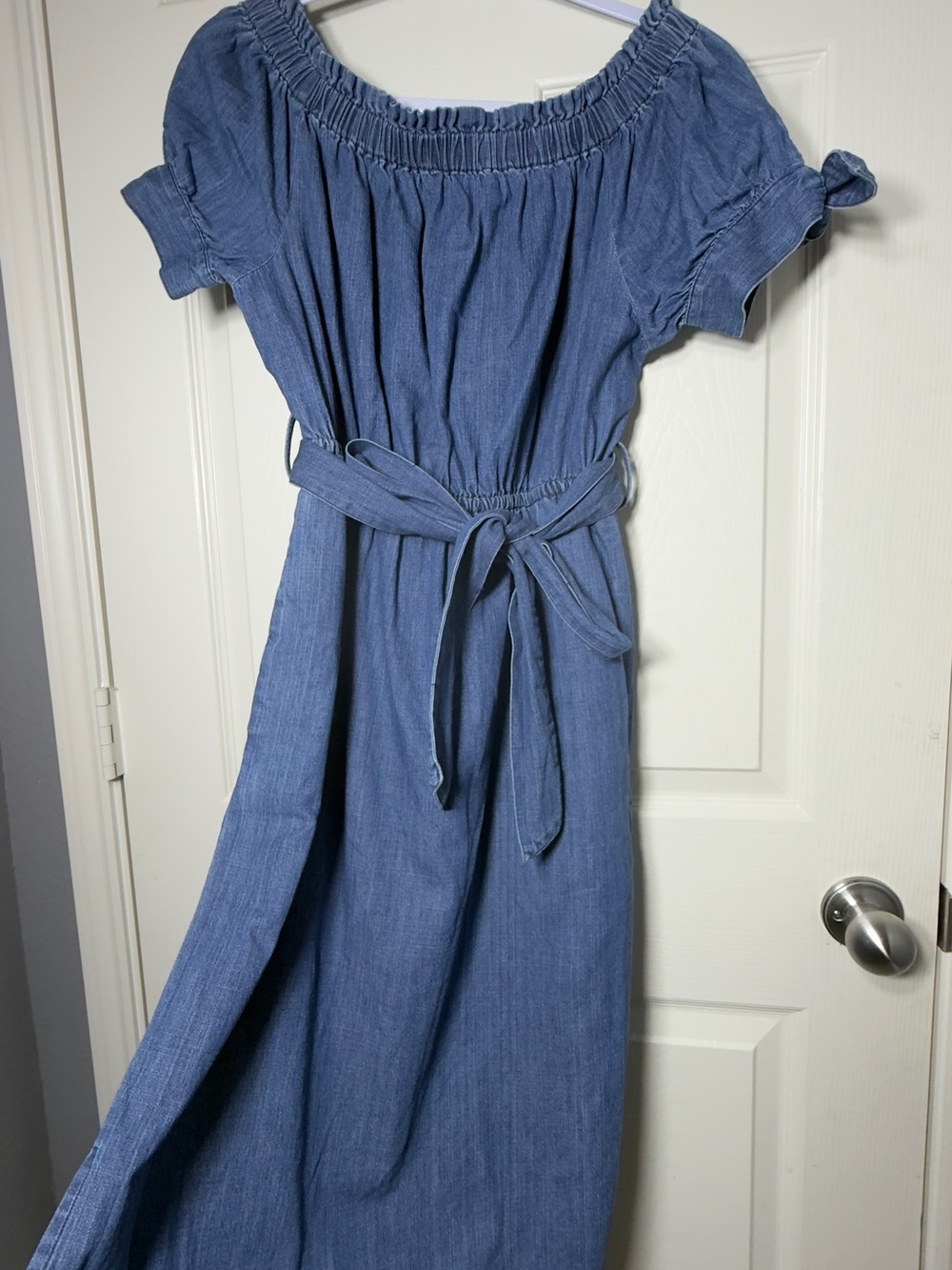 J. Crew Denim-Look Off-Shoulder Maxi Dress with Tie Belt